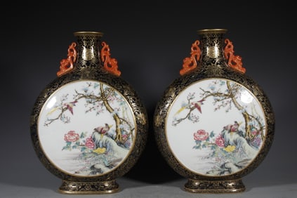 Pair of Famille Rose Flower and Bird Pattern Porcelain Double Beast Ears Vase