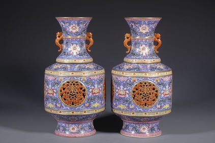 Pair of Enamel Drawing Flower Pattern Porcelain Double Dragon Ears Movable Vase
