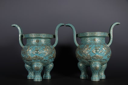 Pair of Turquoise Green Glazed Gold Drawing Dragon Pattern Porcelain Double Ears Incense Burner