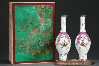 Pair of Famille Rose Flower and Bird Pattern Porcelain Vase