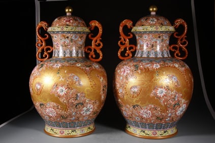 Pair of Enamel Drawing Flower and Dragon Pattern Porcelain Double Dragon Ears Vase