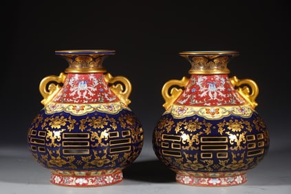 Pair of Enamel Drawing Gold Drawing Flower Pattern Porcelain Double Ears Movable Vase