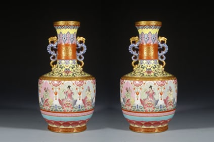 Pair of Famille Rose Gold Drawing The Eight Immortals Pattern Porcelain Double Dragon Ears Vase