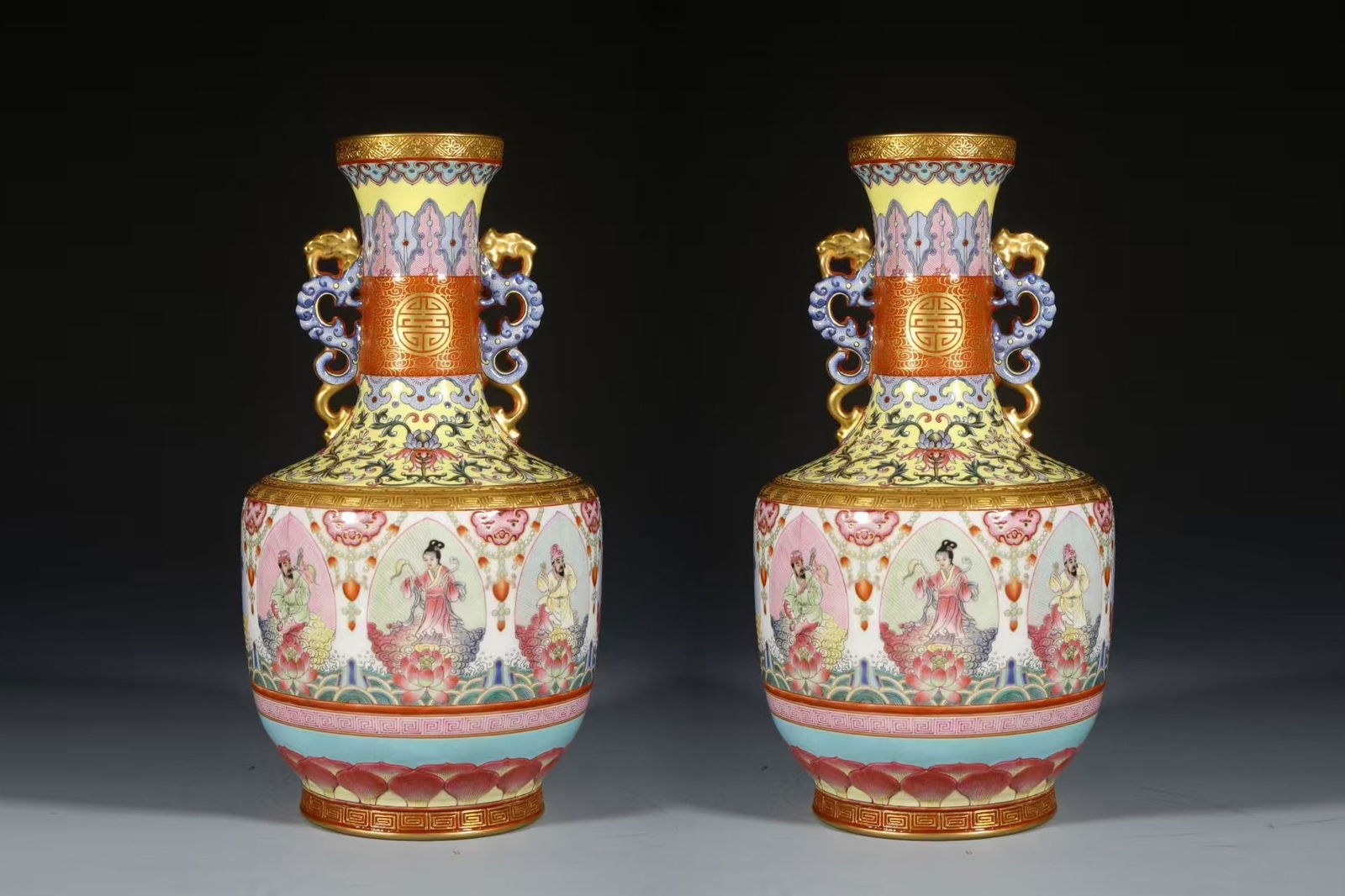 Pair of Famille Rose Gold Drawing The Eight Immortals Pattern Porcelain Double Dragon Ears Vase (1 of 9)