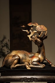 Bronze Carved Deer and Reishi Mushroom Shape Figure