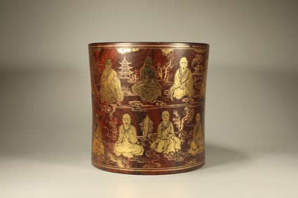Huanghuali Wood Gold Drawing Eighteen Arhats Pattern Brush Pot