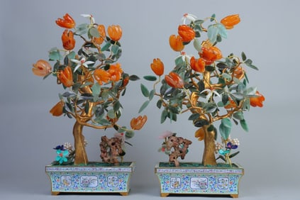 Pair of Bronze Enamel Blue Base Inlaid Jade and Agate Carved Buddha Hand Fruit Shape Flower Pot
