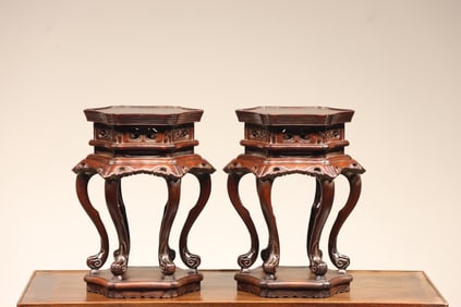 Pair of Huanghuali Wood Carved Reishi Mushroom Pattern Chair