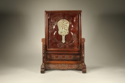 Huanghuali Wood Inlaid Jade Carved Landscape and Character Story Pattern Table Plaque