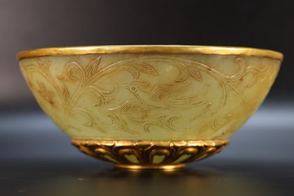 Jade Inlaid Gilt Bronze Carved Bird Pattern Bowl