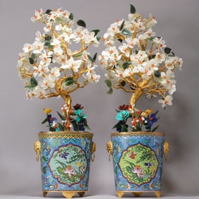 Pair of Bronze Cloisonne Inlaid Jade and Agate Carved Flower and Bird Pattern Flower Shape Flower