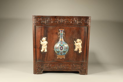 Huanghuali Wood Inlaid Bronze Cloisonne Carved Flower and Child & Poetry Pattern Brush Pot