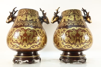 Pair of Bronze Inlaid Gilt Bronze Carved Dragon Pattern Double Deer Ears Incense Burner