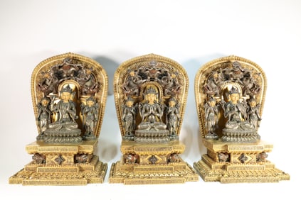 Group of Three Gilt Bronze GuanYin Figure