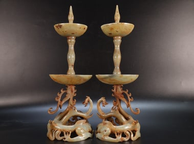 Pair of Jade Carved Dragon and Phoenix Pattern Dragon Shape Candlestick