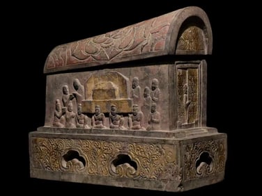 Stone Gold Drawing Carved Flower and Character Story Pattern Coffin