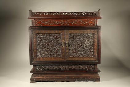 Red Sandalwood Carved Cloud and Bat Pattern Buddha Niche