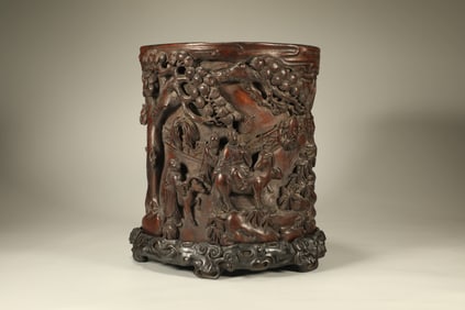 Agarwood Carved Character Story and Poetry Pattern Brush Pot