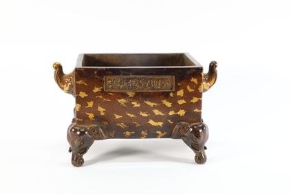 Bronze Sprinkling Gold Carved Double Elephant Ears Incense Burner