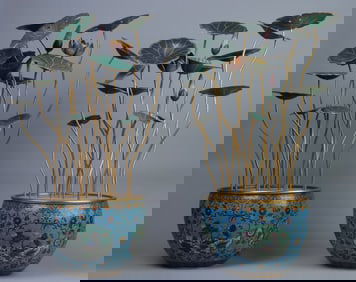 Pair of Bronze Cloisonne Carved Lotus Flower Pattern Lotus Flower Shape Figure