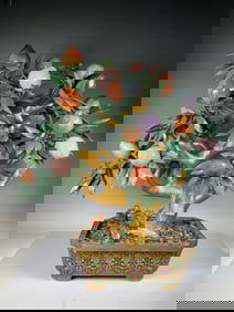 Bronze Cloisonne Inlaid Agate and Gem Stone Carved Peach Shape Flower Pot