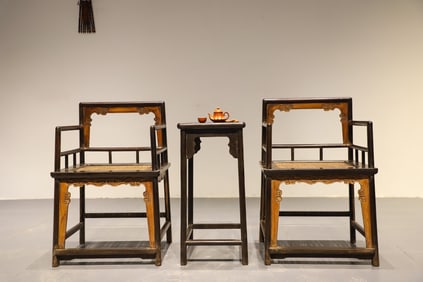 Pair of Red Sandalwood Inlaid Boxwood Carved Dragon Pattern Chair