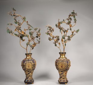 Pair of White Pearl Flower and Gilt Bronze Inlaid Gem Stone Carved Flower Pattern Flower Pot