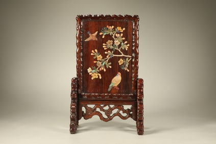 Huanghuali Wood Inlaid Gem Stone Carved Flower and Bird Pattern Table Plaque