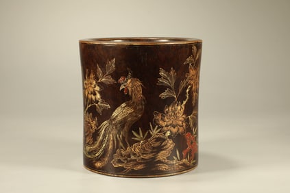 Huanghuali Wood Gold Drawing Phoenix and Flower & Poetry Pattern Brush Pot
