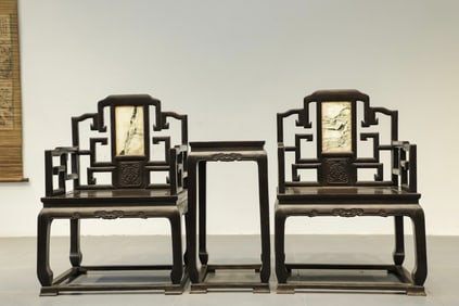 Pair of Red Sandalwood Inlaid Marble Carved Shou Pattern Chair