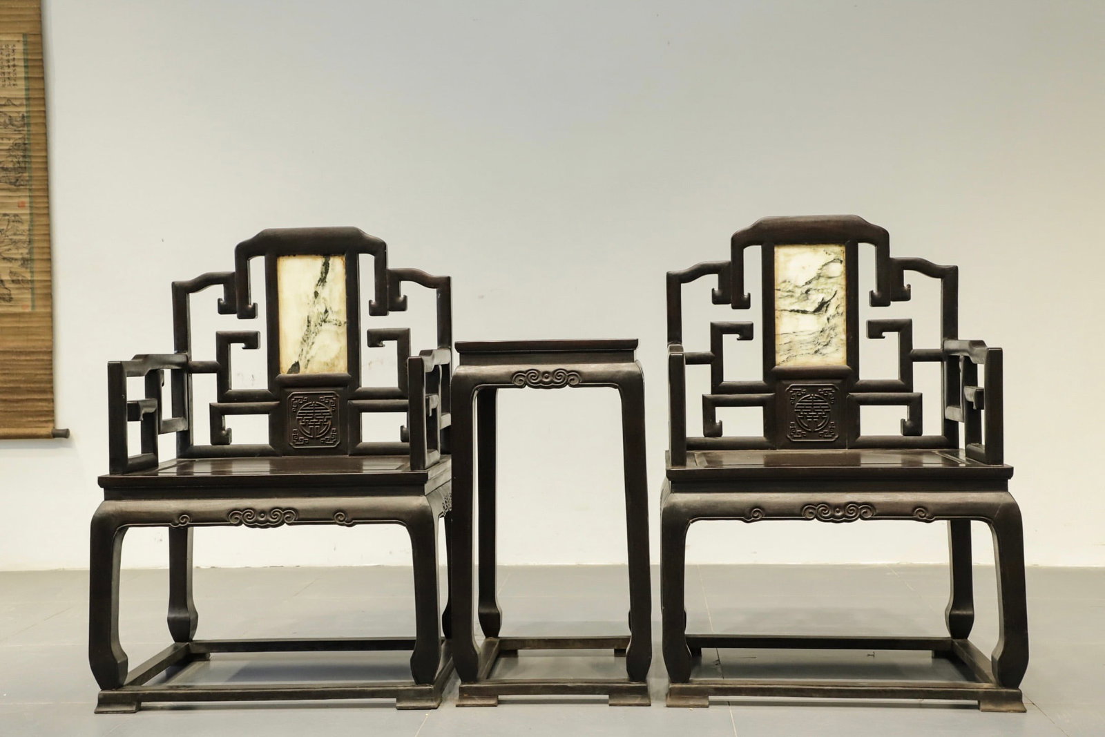 Pair of Red Sandalwood Inlaid Marble Carved Shou Pattern Chair: Pair of Red Sandalwood Inlaid Marble Carved Shou Pattern Chair (102 x 70 x 52cm,75 x 50 x 40cm)