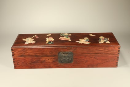 Huanghuali Wood Inlaid Gem Stone Carved Playing Children Pattern Lid Box