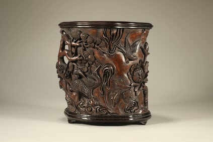 Agarwood Carved Flower and Bird Pattern Brush Pot