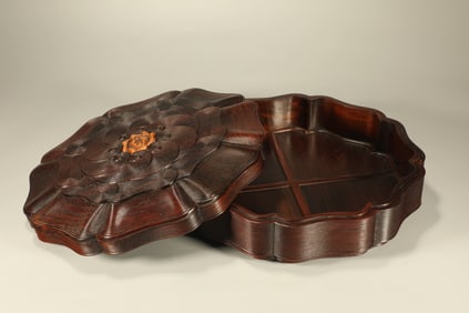 Huanghuali Wood Carved Flower and Cloud Pattern Lid Box