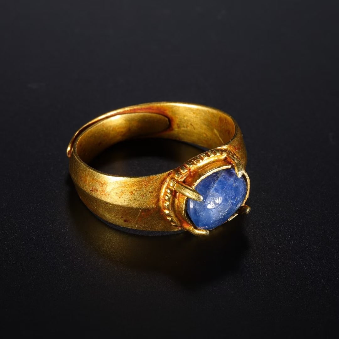 Solid Gold Inlaid Blue Gem Stone Ring - 3