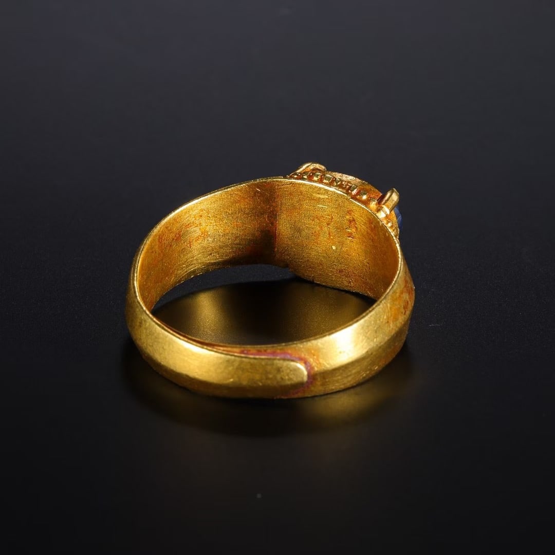 Solid Gold Inlaid Blue Gem Stone Ring - 6