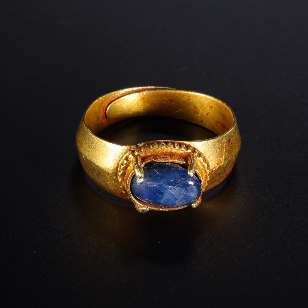 Solid Gold Inlaid Blue Gem Stone Ring - 7