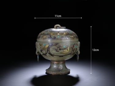 Jade Gold and Silver Inlaid Carved Dragon Pattern Lid Pot