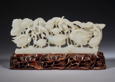 Jade Carved Flower and Goose Shape Figure