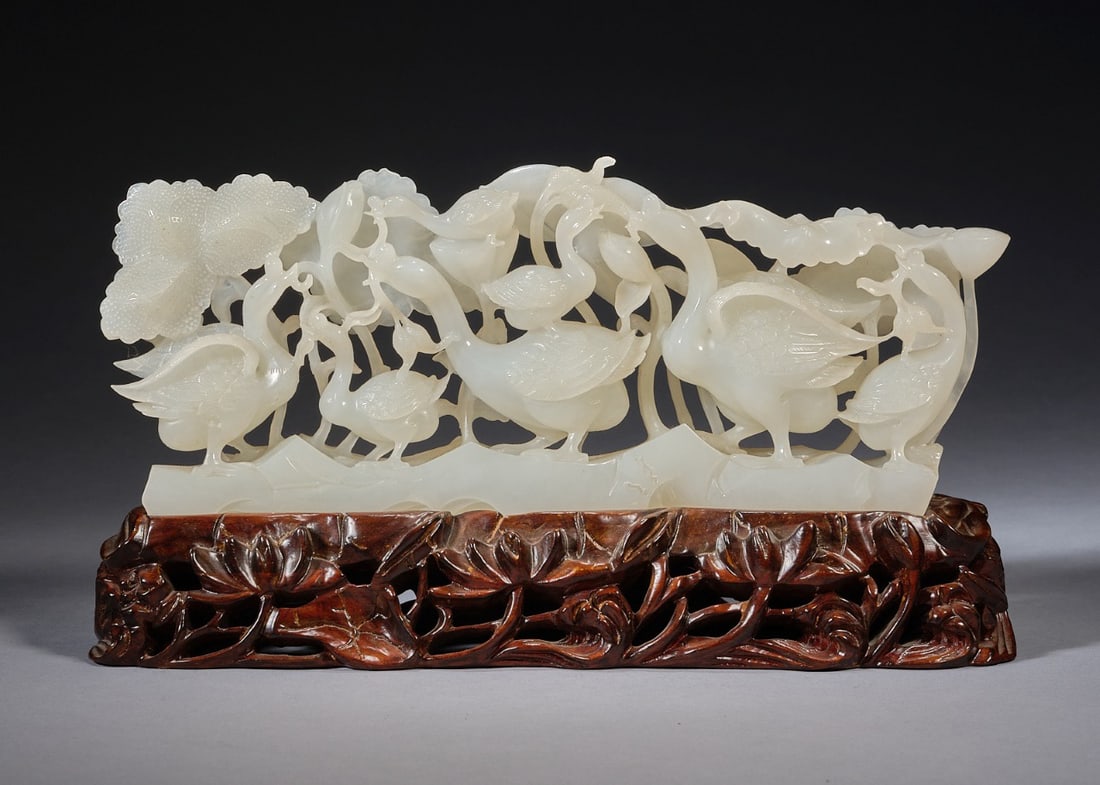Jade Carved Flower and Goose Shape Figure: Jade Carved Flower and Goose Shape Figure (12 x 29 x 4cm)