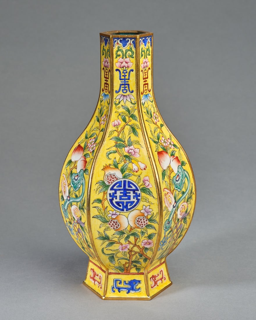 Bronze Enamel Blue Base Flower and Peach Pattern Vase: Bronze Enamel Blue Base Flower and Peach Pattern Vase (18cm)