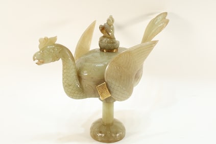 Jade Carved Phoenix and Character Shape Incense Burner