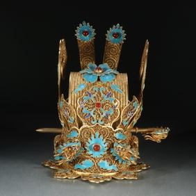 Gilt Silver Inlaid Blue Feather and Gem Stone Carved Dragon Pattern Hair Crown