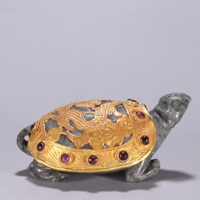 Jade Inlaid Gilt Bronze and Gem Stone Carved Turtle Shape Ornament