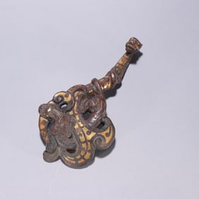 Chinese Bronze Gold and Silver Inlaid Carved Dragon Shape Belt Hook