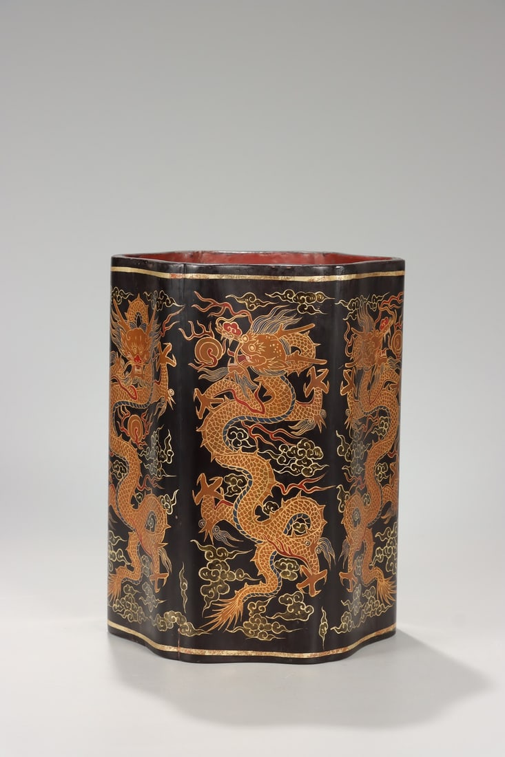 Lacquerware Gold Drawing Dragon Pattern Brush Pot - 2