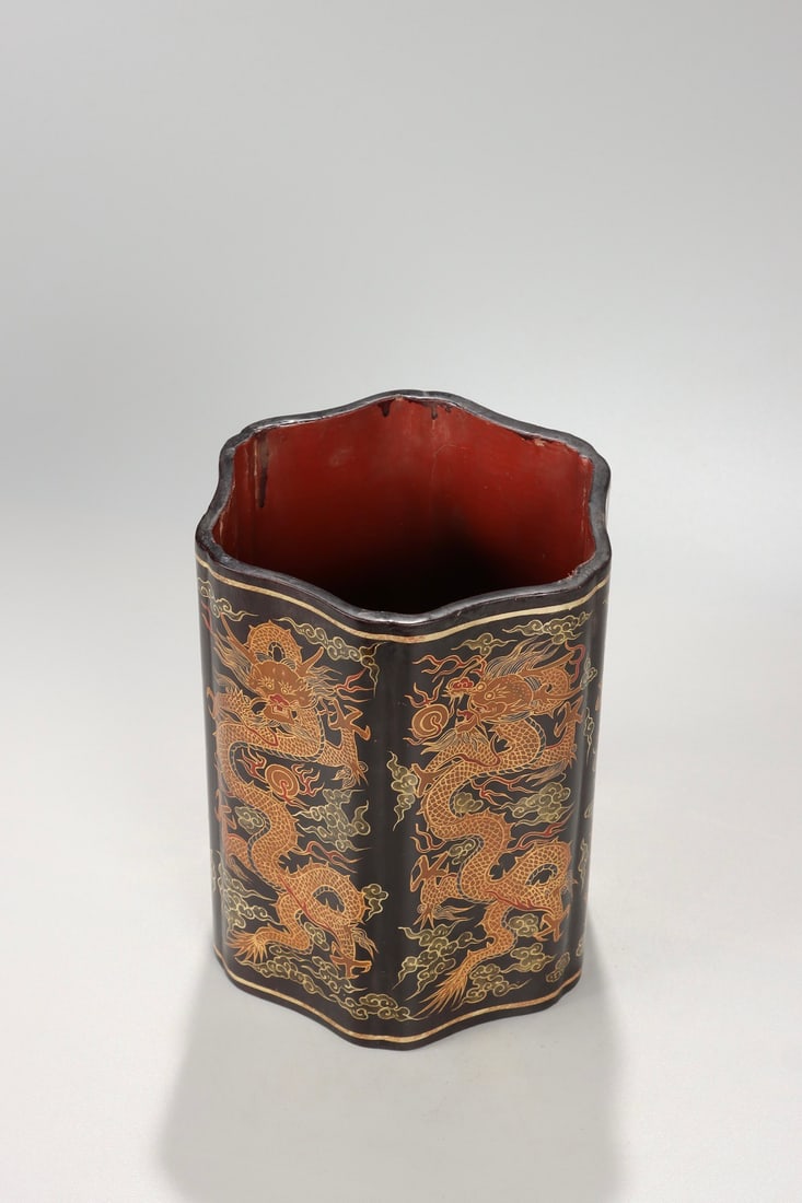 Lacquerware Gold Drawing Dragon Pattern Brush Pot - 3