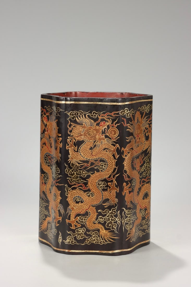 Lacquerware Gold Drawing Dragon Pattern Brush Pot - 4