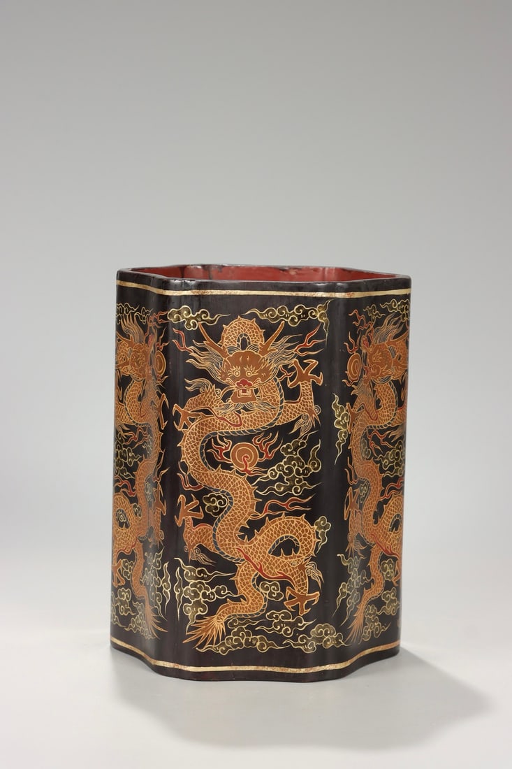 Lacquerware Gold Drawing Dragon Pattern Brush Pot - 5