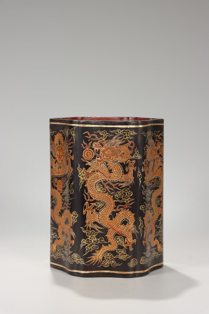 Lacquerware Gold Drawing Dragon Pattern Brush Pot - 8